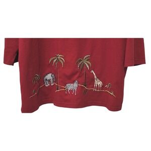 Donna Safari Embroidered Top Womens Red 3/4 Sleeve Elephant Zebra USA Made